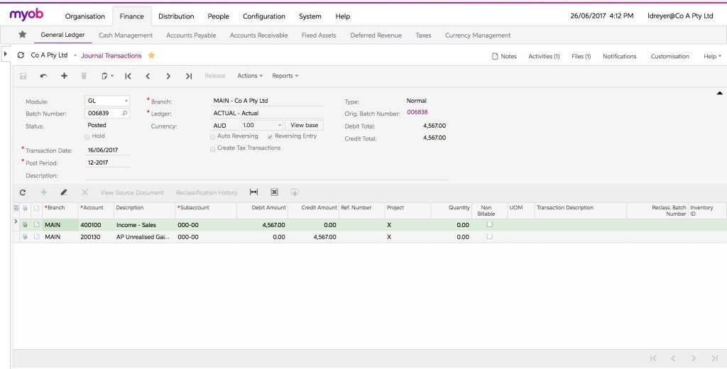 MYOB Advanced General Ledger