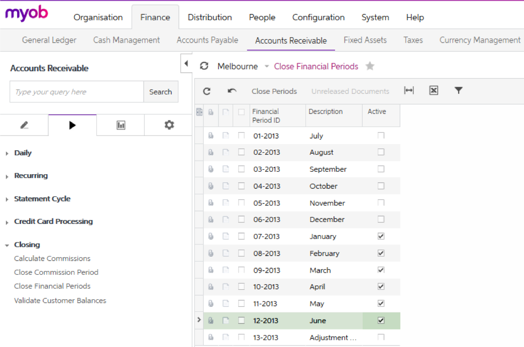 Close a financial period in MYOB Advanced