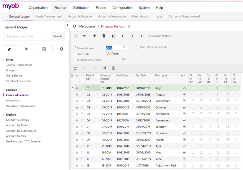 Create a new financial year in MYOB Advanced2