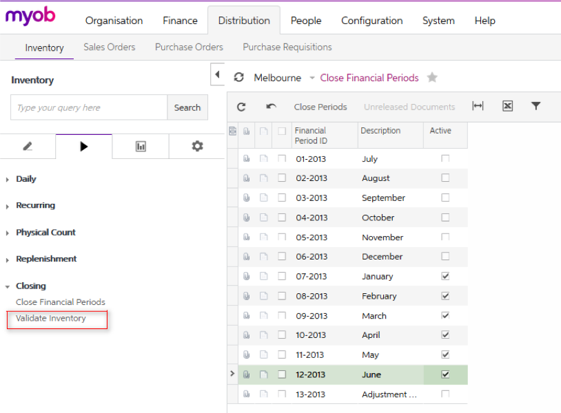 Validate balance inventory in MYOB Advanced for closing financial year