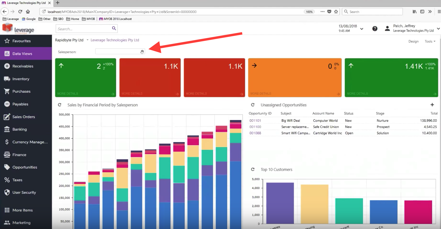 Dashboard by Sales Person with Parameters in MYOB Advanced