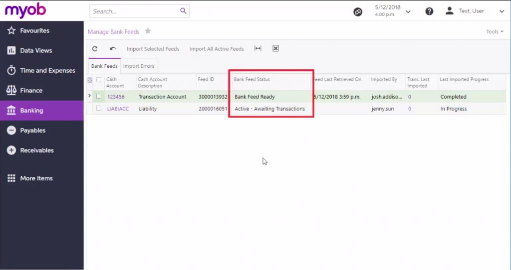 Bank Feed Status interface