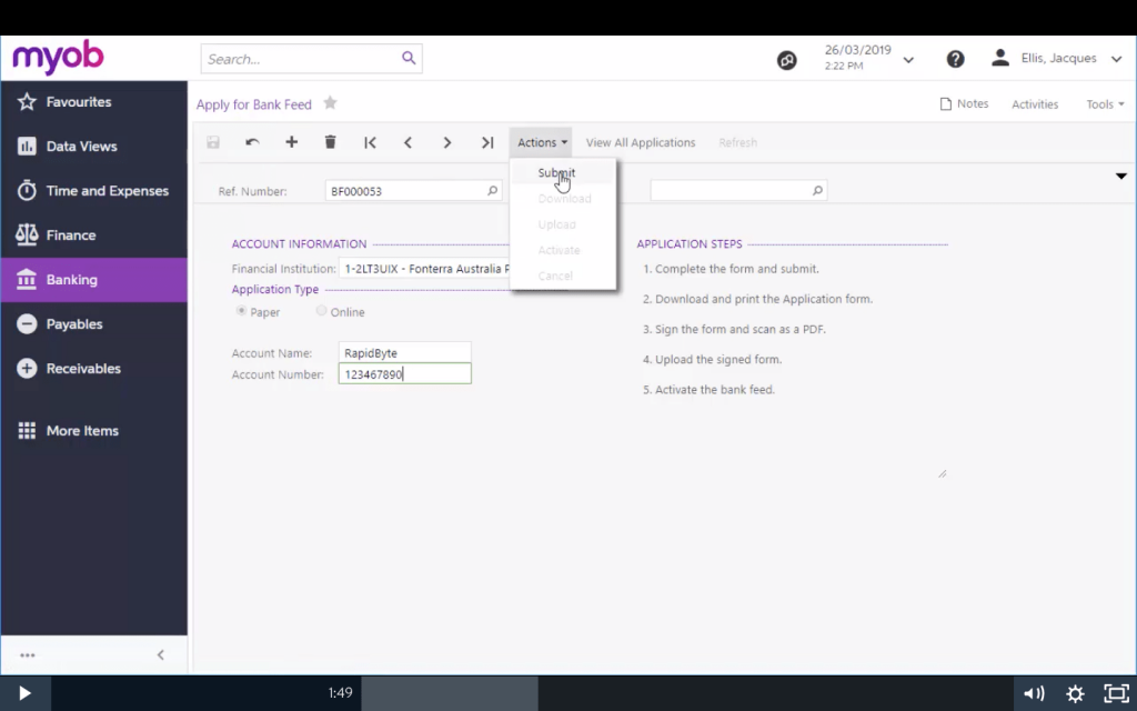 Click Submit to register the Bank Feeds application with MYOB