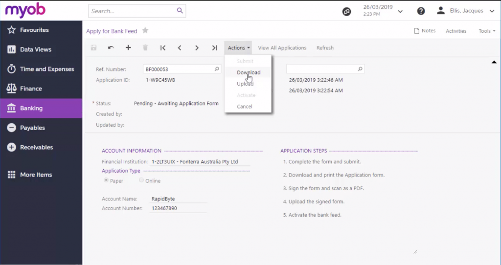 Download the details of your Bank Feeds application