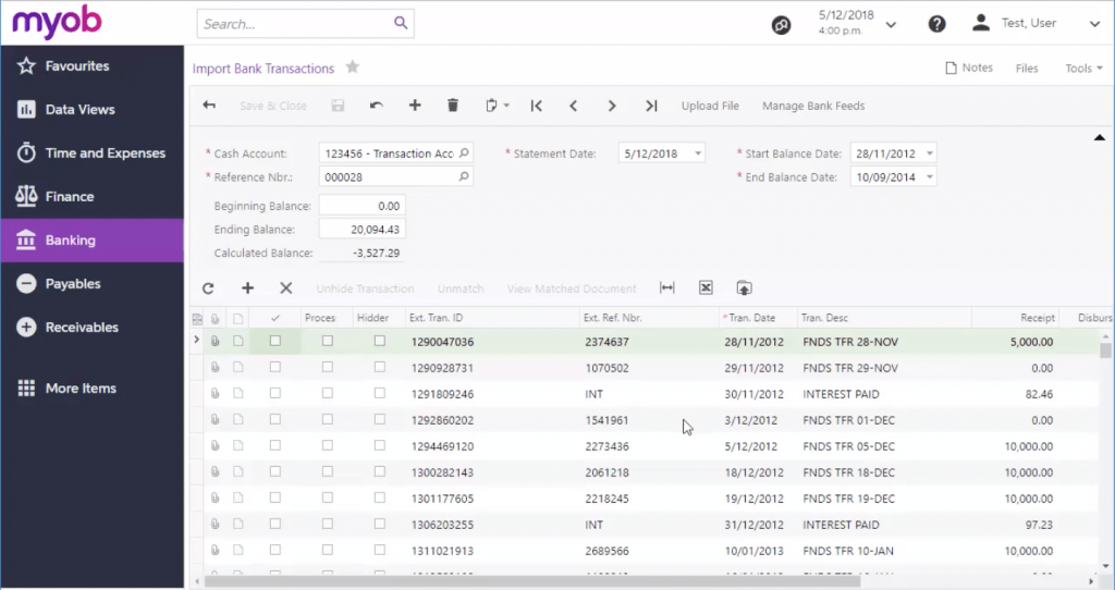 Import Bank Transactions tab