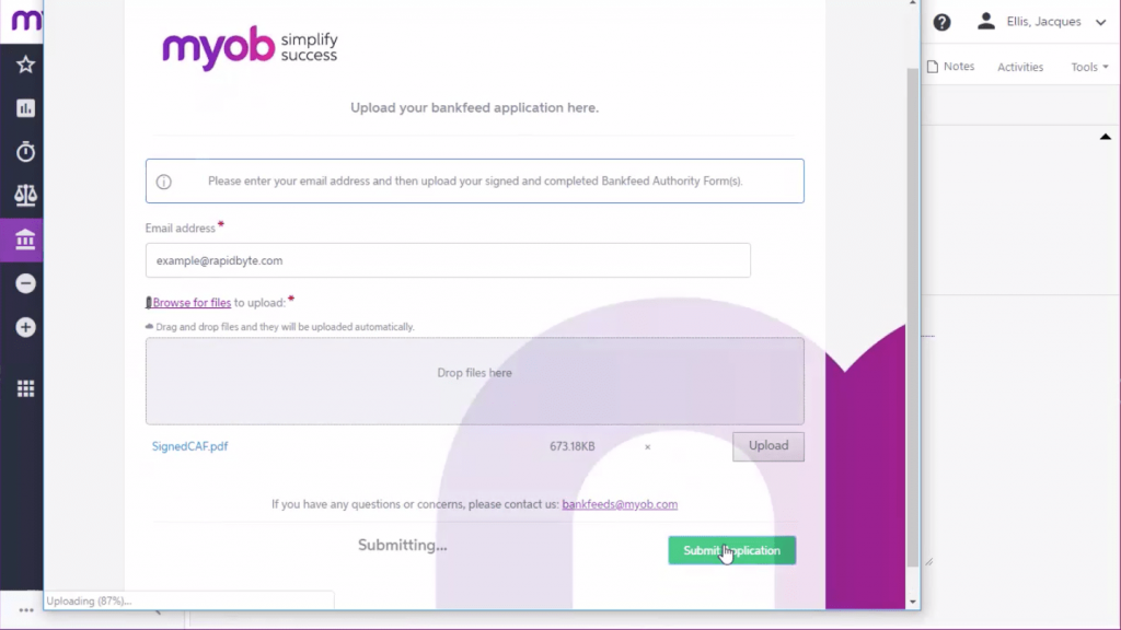 Uploading the signed Bank Feeds application into MYOB Advanced