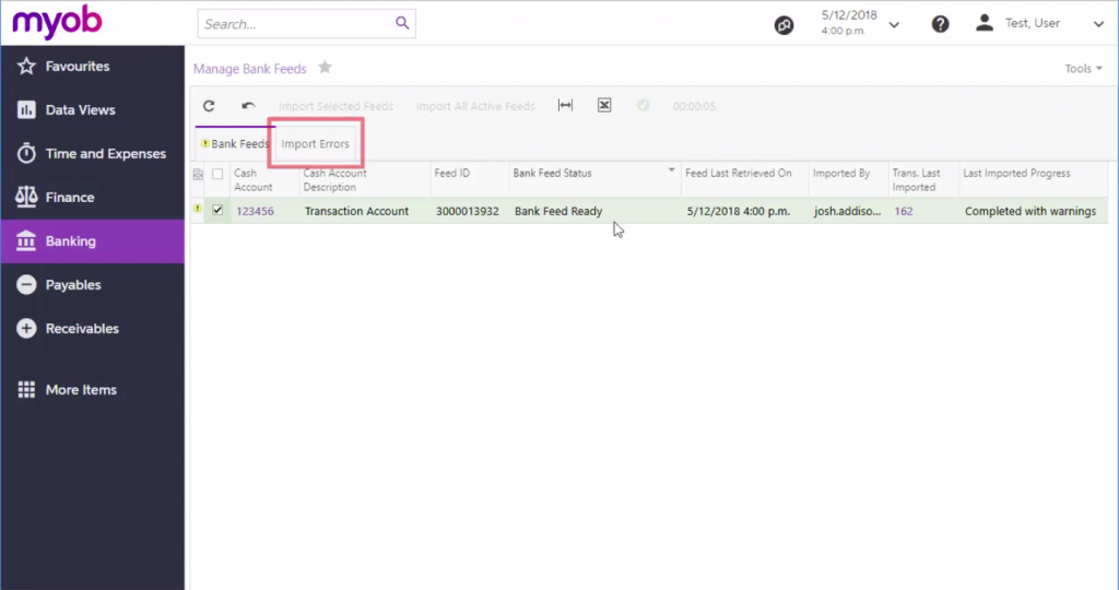 Verify the number of imported transactions within Bank Feeds for MYOB Advanced