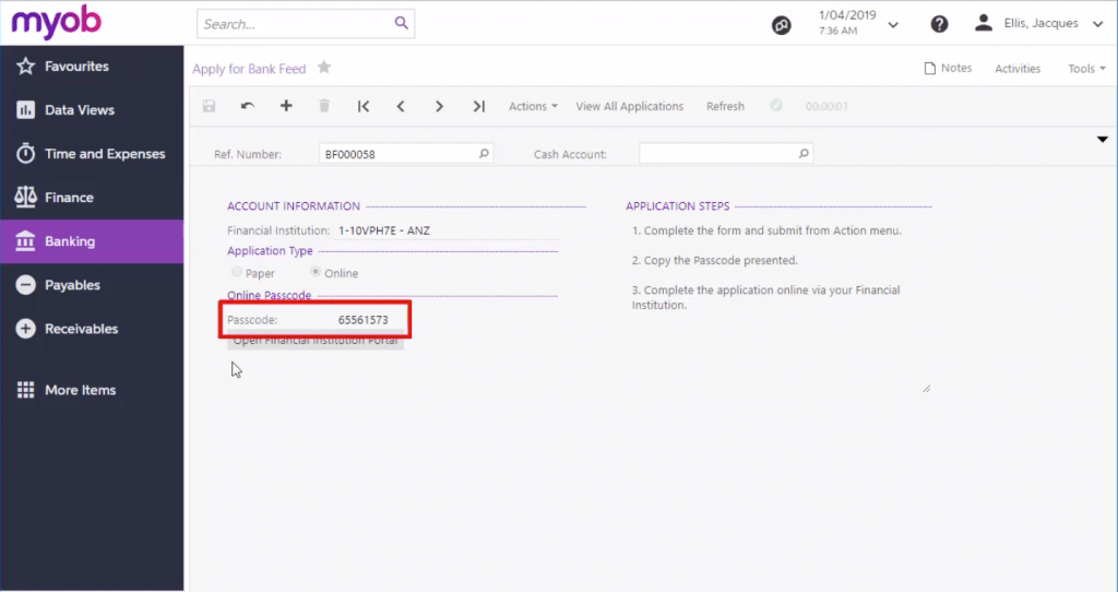Where is the Bank Feeds online passcode